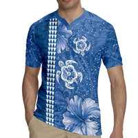 Blue Hibiscus Turle Rugby Jersey Hawaiian Style Tribal Tapa Pattern LT9 - Polynesian Pride
