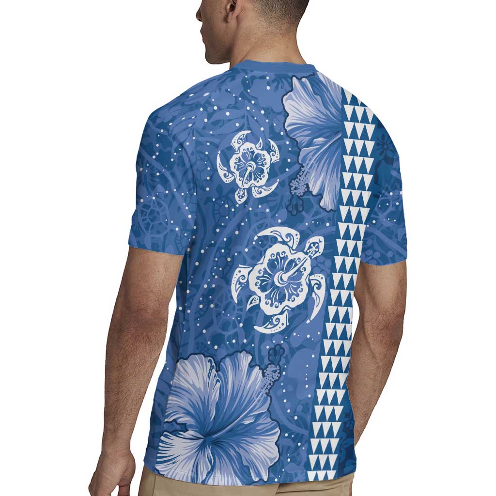 Blue Hibiscus Turle Rugby Jersey Hawaiian Style Tribal Tapa Pattern LT9 - Polynesian Pride