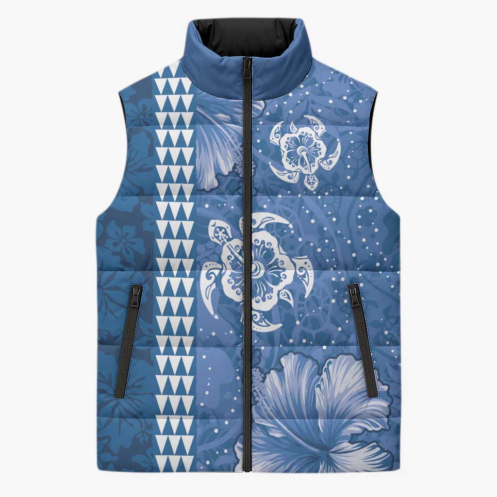 Blue Hibiscus Turle Sleeveless Puffer Jacket Hawaiian Style Tribal Tapa Pattern LT9 Unisex Blue - Polynesian Pride