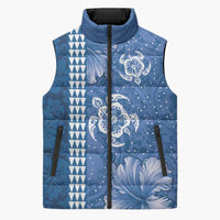 Blue Hibiscus Turle Sleeveless Puffer Jacket Hawaiian Style Tribal Tapa Pattern LT9 Unisex Blue - Polynesian Pride