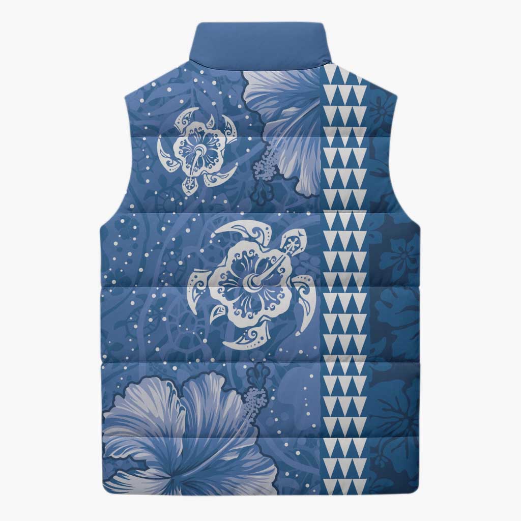 Blue Hibiscus Turle Sleeveless Puffer Jacket Hawaiian Style Tribal Tapa Pattern LT9 - Polynesian Pride