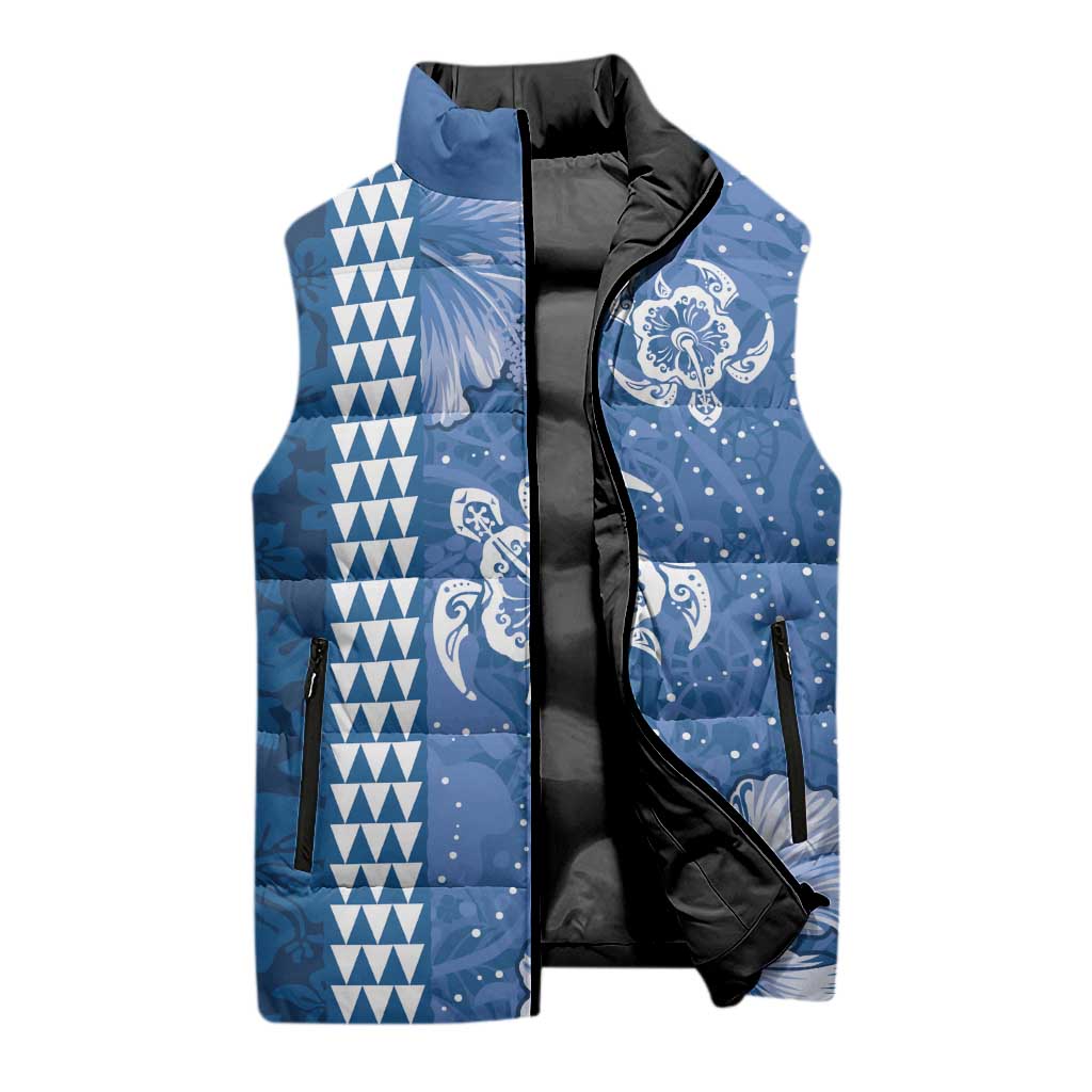 Blue Hibiscus Turle Sleeveless Puffer Jacket Hawaiian Style Tribal Tapa Pattern LT9 - Polynesian Pride