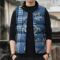 Blue Hibiscus Turle Sleeveless Puffer Jacket Hawaiian Style Tribal Tapa Pattern LT9 - Polynesian Pride