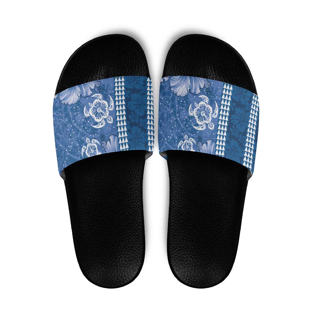 Blue Hibiscus Turle Slide Sandals Hawaiian Style Tribal Tapa Pattern LT9 Blue - Polynesian Pride