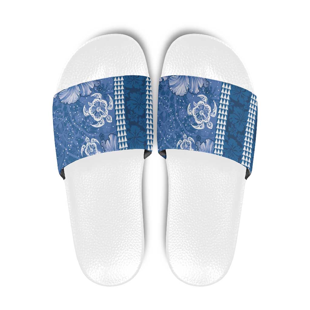 Blue Hibiscus Turle Slide Sandals Hawaiian Style Tribal Tapa Pattern LT9 Blue - Polynesian Pride