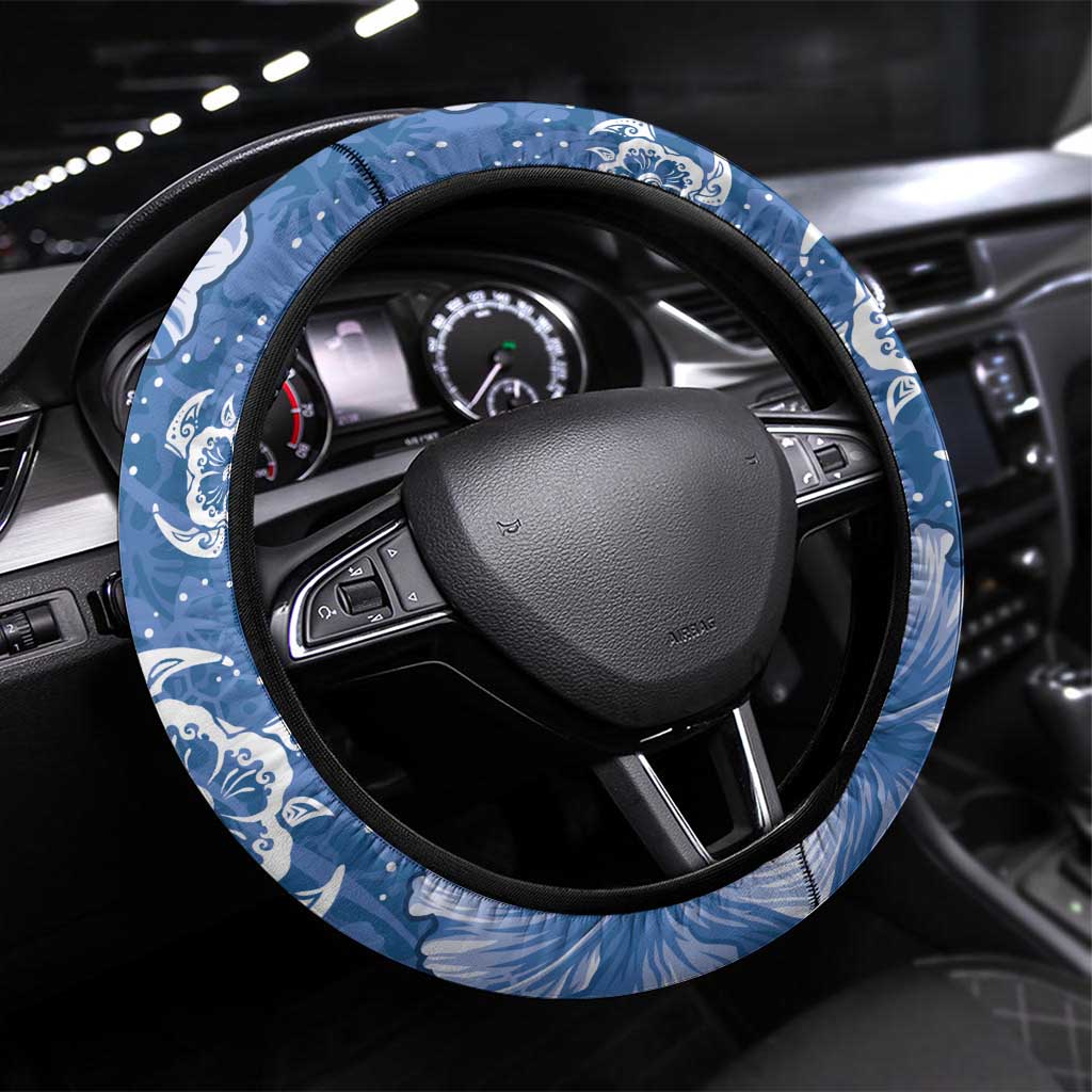 Blue Hibiscus Turle Steering Wheel Cover Hawaiian Style Tribal Tapa Pattern