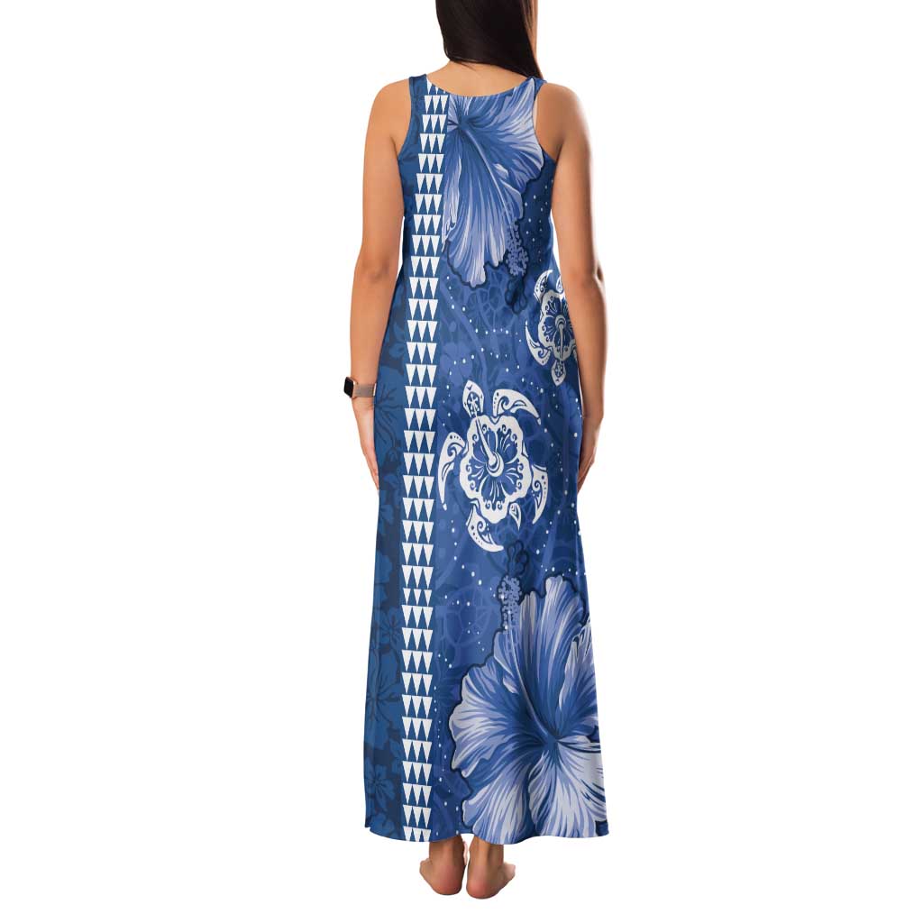 Blue Hibiscus Turle Tank Maxi Dress Hawaiian Style Tribal Tapa Pattern