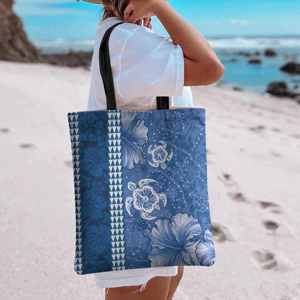 Blue Hibiscus Turle Tote Bag Hawaiian Style Tribal Tapa Pattern - Polynesian Pride