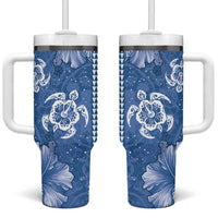 Blue Hibiscus Turle Tumbler With Handle Hawaiian Style Tribal Tapa Pattern