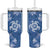 Blue Hibiscus Turle Tumbler With Handle Hawaiian Style Tribal Tapa Pattern