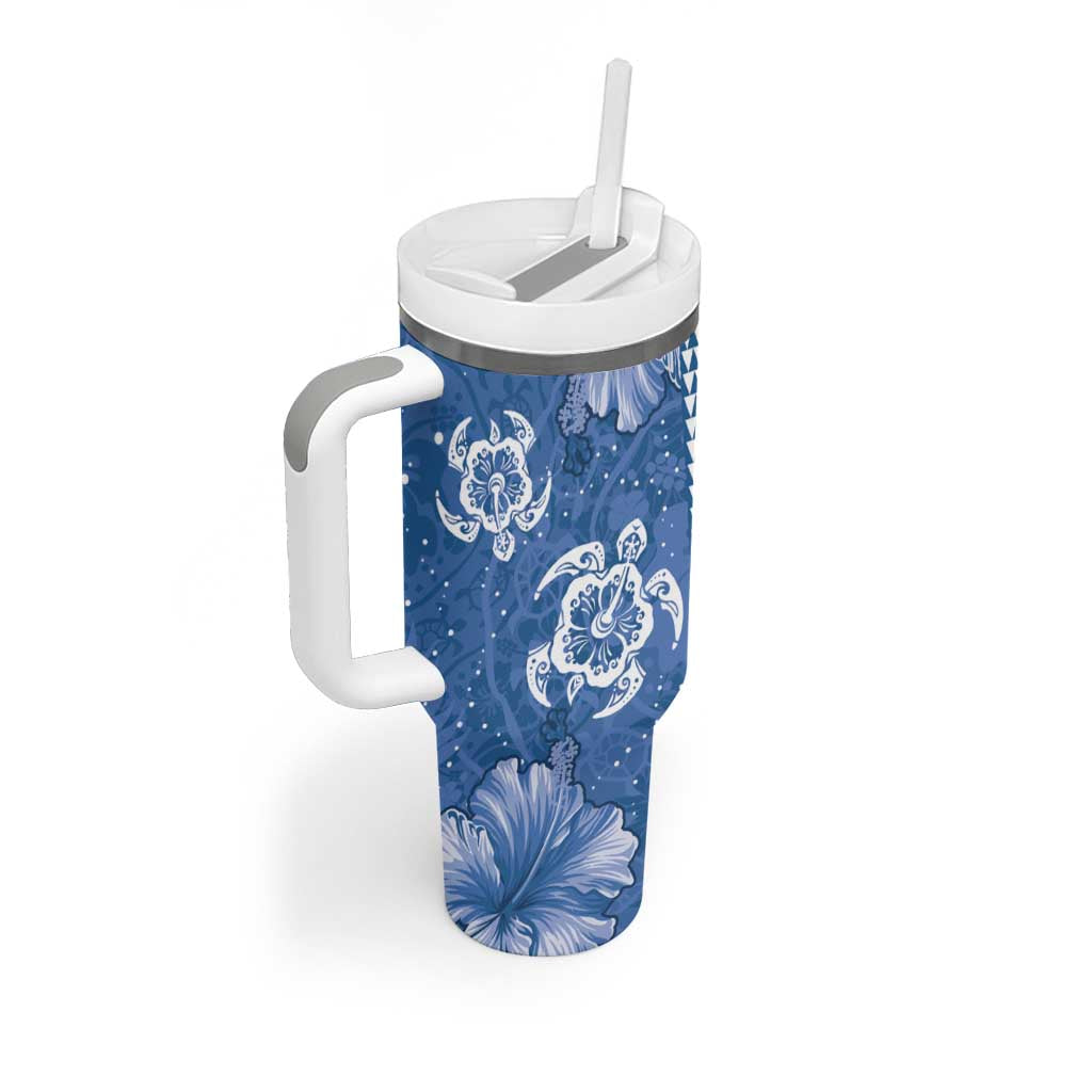 Blue Hibiscus Turle Tumbler With Handle Hawaiian Style Tribal Tapa Pattern