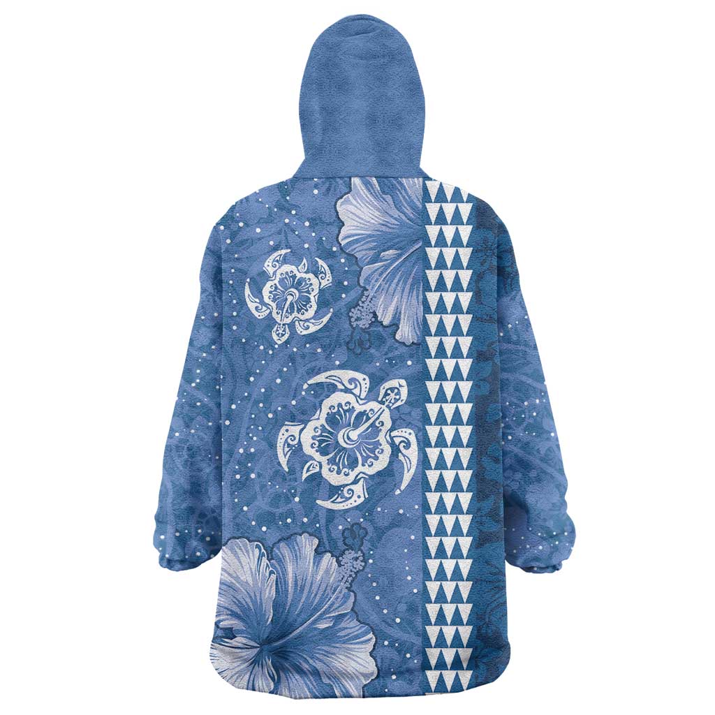 Blue Hibiscus Turle Wearable Blanket Hoodie Hawaiian Style Tribal Tapa Pattern