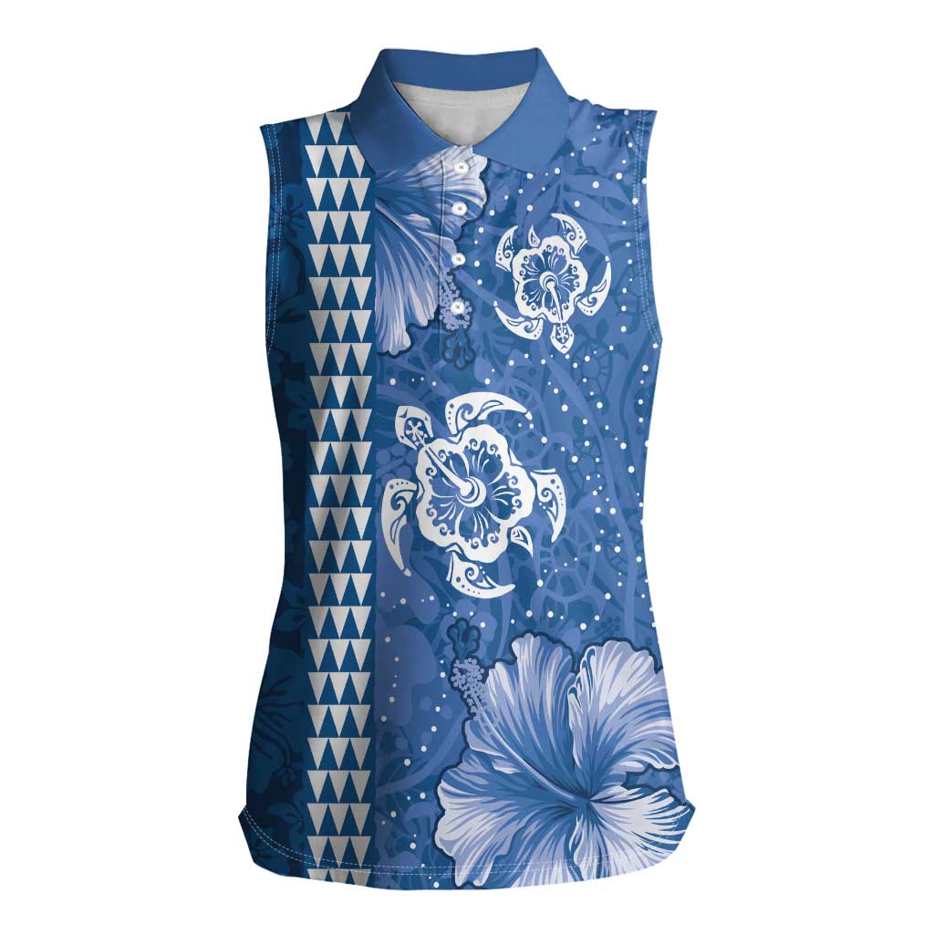 Blue Hibiscus Turle Women Sleeveless Polo Shirt Hawaiian Style Tribal Tapa Pattern