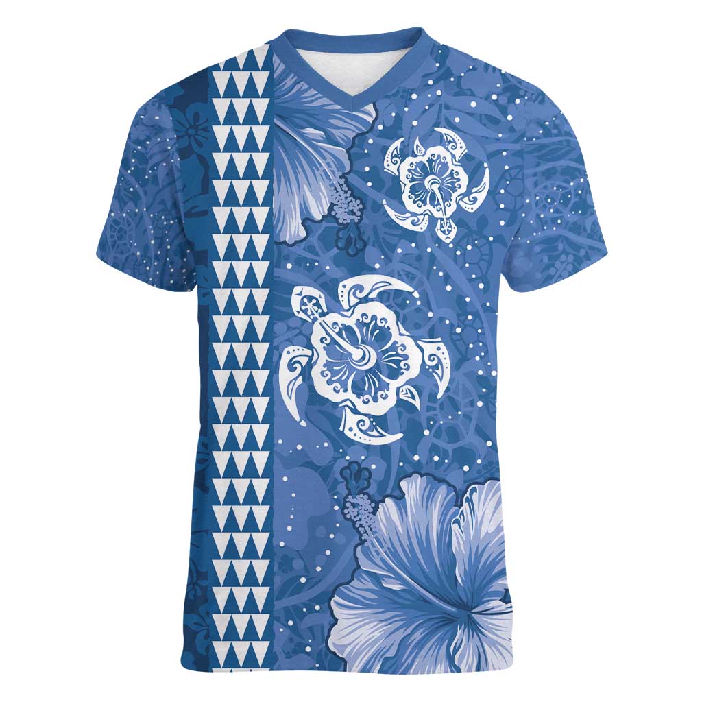 Blue Hibiscus Turle Women V-Neck T-Shirt Hawaiian Style Tribal Tapa Pattern LT9 Female Blue - Polynesian Pride