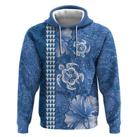 Blue Hibiscus Turle Zip Hoodie Hawaiian Style Tribal Tapa Pattern