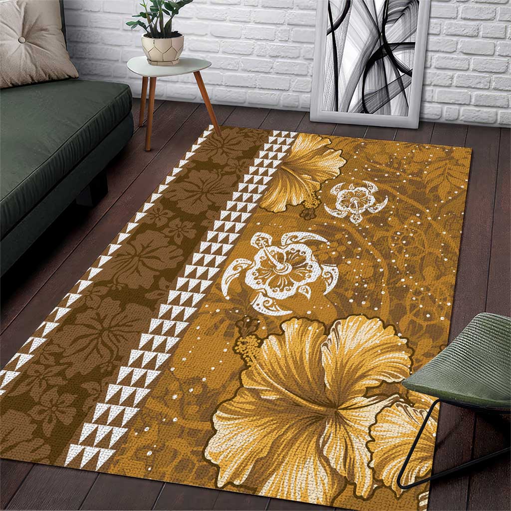 Gold Hibiscus Turle Area Rug Hawaiian Style Tribal Tapa Pattern