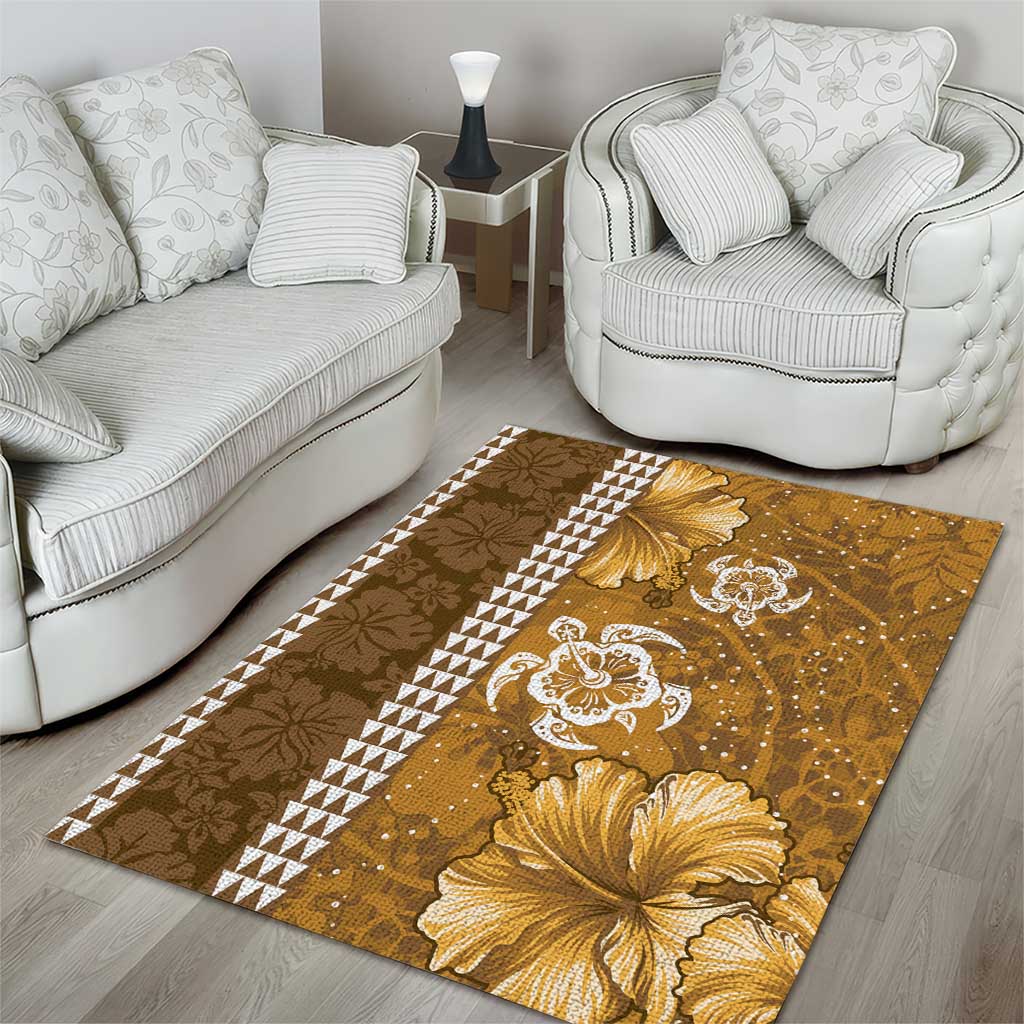 Gold Hibiscus Turle Area Rug Hawaiian Style Tribal Tapa Pattern