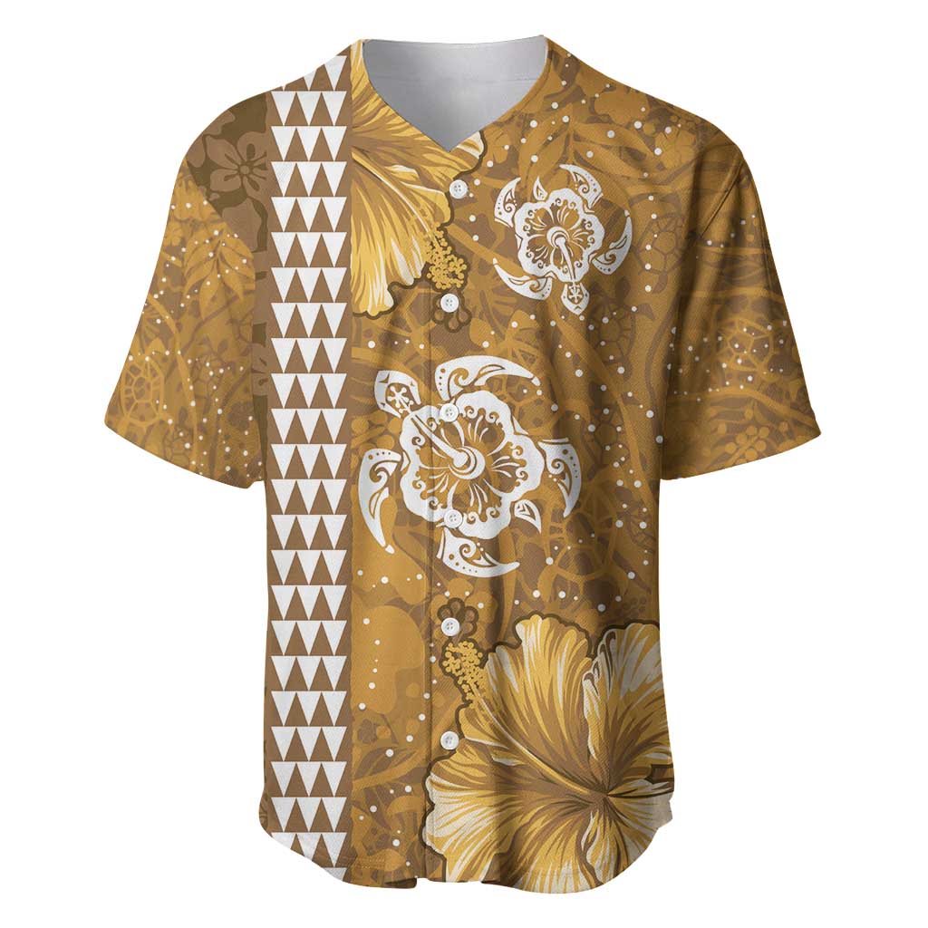 Gold Hibiscus Turle Baseball Jersey Hawaiian Style Tribal Tapa Pattern LT9 Gold - Polynesian Pride