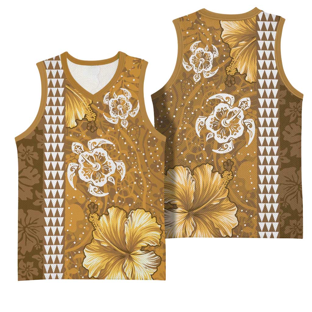 Gold Hibiscus Turle Basketball Jersey Hawaiian Style Tribal Tapa Pattern LT9 - Polynesian Pride