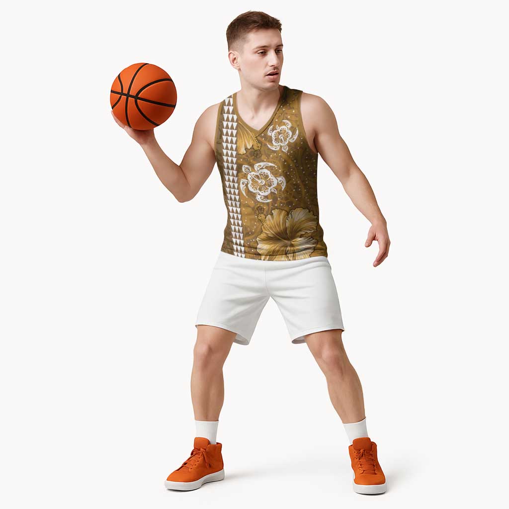 Gold Hibiscus Turle Basketball Jersey Hawaiian Style Tribal Tapa Pattern LT9 - Polynesian Pride