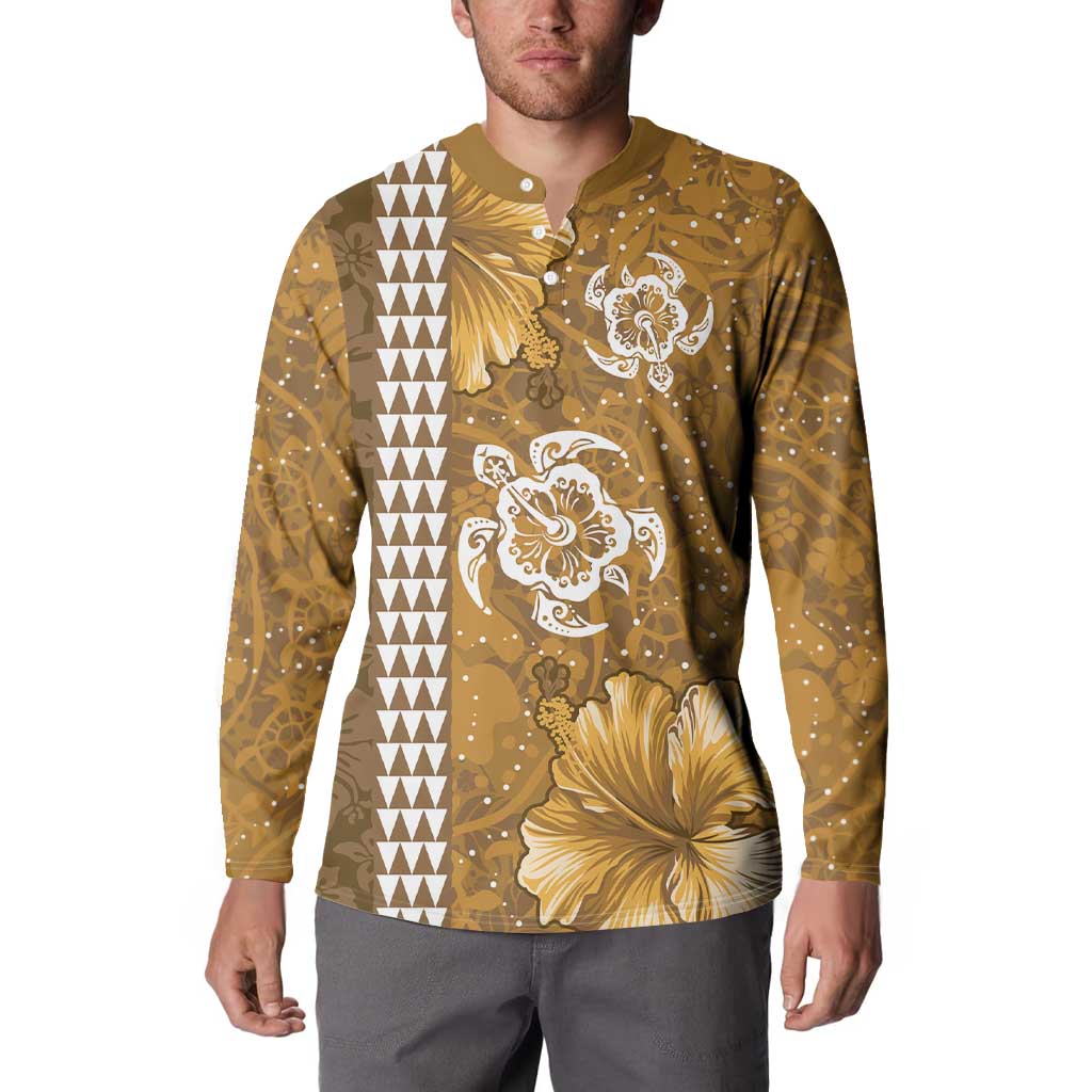 Gold Hibiscus Turle Button Sweatshirt Hawaiian Style Tribal Tapa Pattern