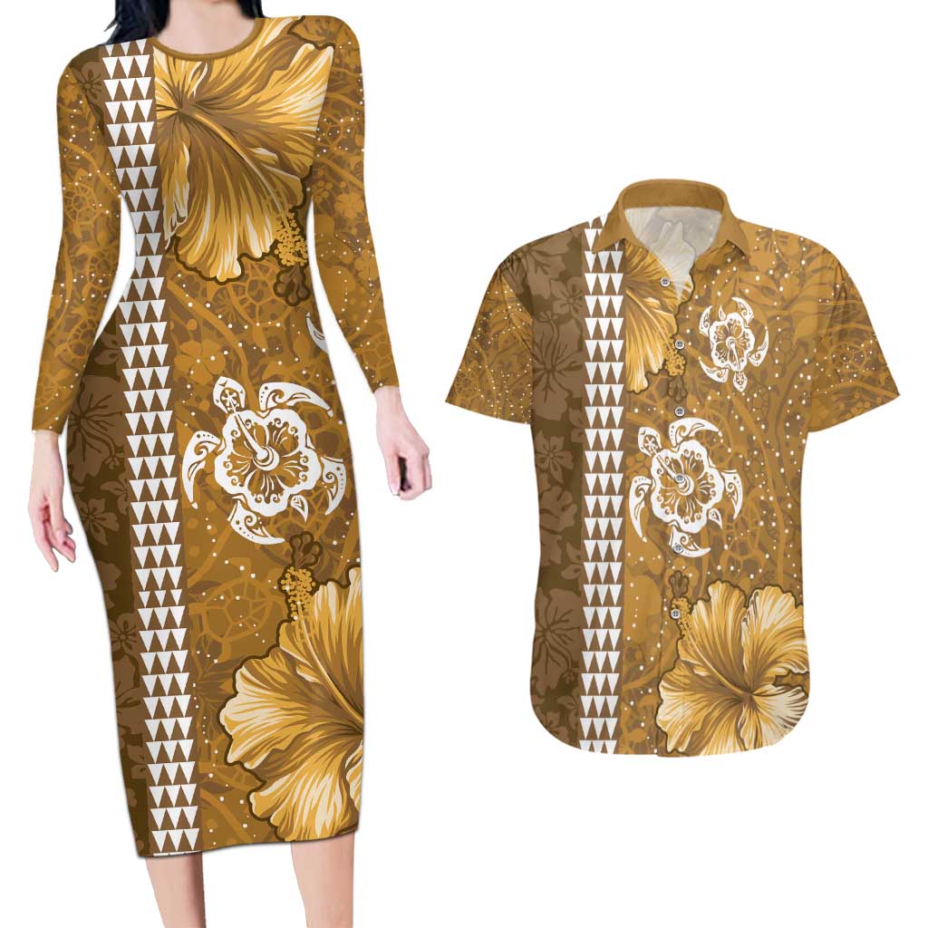 Gold Hibiscus Turle Couples Matching Long Sleeve Bodycon Dress and Hawaiian Shirt Hawaiian Style Tribal Tapa Pattern LT9 Gold - Polynesian Pride