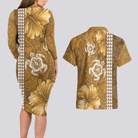 Gold Hibiscus Turle Couples Matching Long Sleeve Bodycon Dress and Hawaiian Shirt Hawaiian Style Tribal Tapa Pattern LT9 - Polynesian Pride