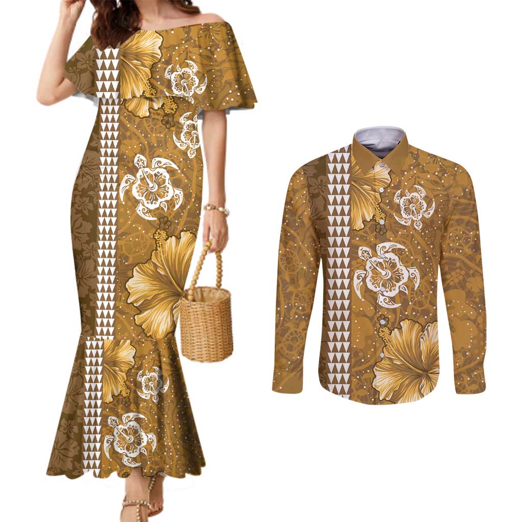 Gold Hibiscus Turle Couples Matching Mermaid Dress and Long Sleeve Button Shirt Hawaiian Style Tribal Tapa Pattern LT9 Gold - Polynesian Pride