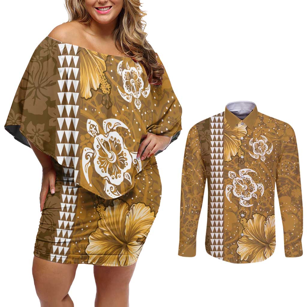 Gold Hibiscus Turle Couples Matching Off Shoulder Short Dress and Long Sleeve Button Shirt Hawaiian Style Tribal Tapa Pattern LT9 Gold - Polynesian Pride