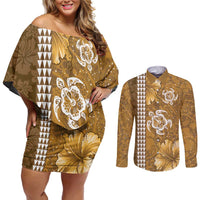 Gold Hibiscus Turle Couples Matching Off Shoulder Short Dress and Long Sleeve Button Shirt Hawaiian Style Tribal Tapa Pattern LT9 Gold - Polynesian Pride