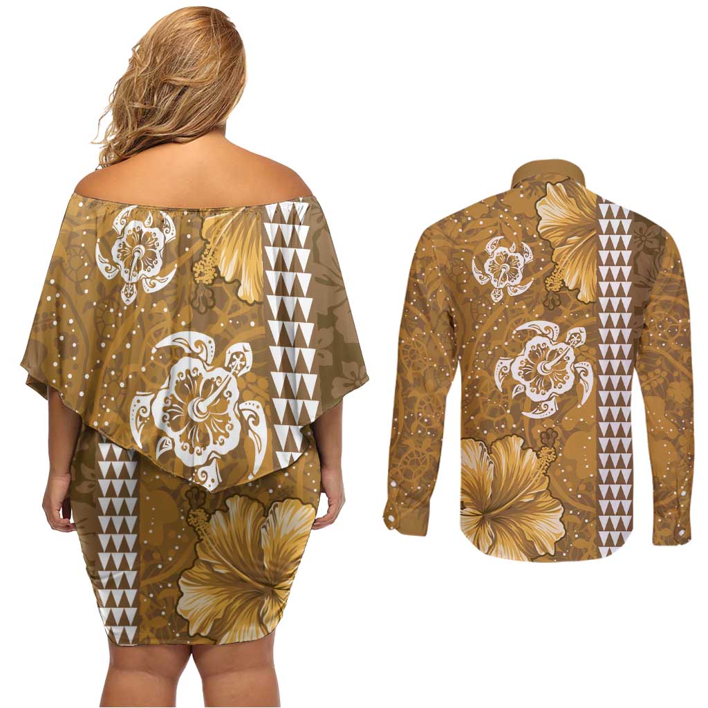 Gold Hibiscus Turle Couples Matching Off Shoulder Short Dress and Long Sleeve Button Shirt Hawaiian Style Tribal Tapa Pattern LT9 - Polynesian Pride