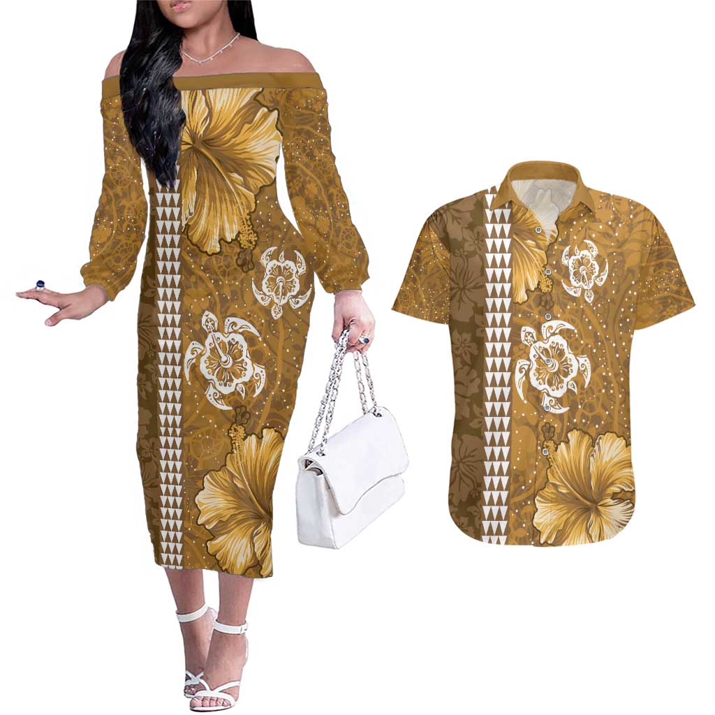 Gold Hibiscus Turle Couples Matching Off The Shoulder Long Sleeve Dress and Hawaiian Shirt Hawaiian Style Tribal Tapa Pattern