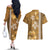 Gold Hibiscus Turle Couples Matching Off The Shoulder Long Sleeve Dress and Hawaiian Shirt Hawaiian Style Tribal Tapa Pattern