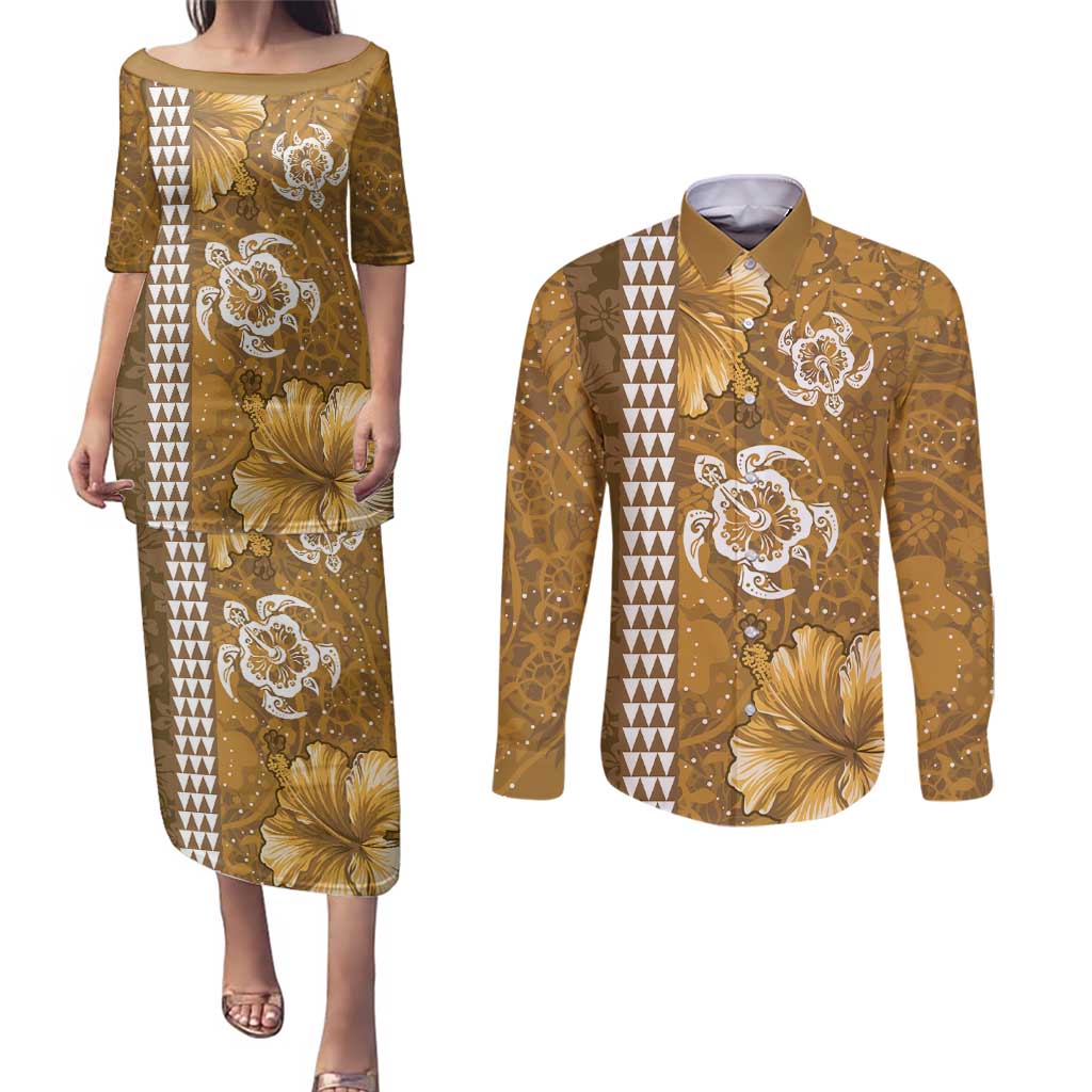 Gold Hibiscus Turle Couples Matching Puletasi and Long Sleeve Button Shirt Hawaiian Style Tribal Tapa Pattern