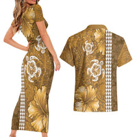 Gold Hibiscus Turle Couples Matching Short Sleeve Bodycon Dress and Hawaiian Shirt Hawaiian Style Tribal Tapa Pattern LT9 - Polynesian Pride