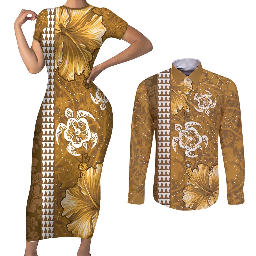 Gold Hibiscus Turle Couples Matching Short Sleeve Bodycon Dress and Long Sleeve Button Shirt Hawaiian Style Tribal Tapa Pattern LT9 Gold - Polynesian Pride