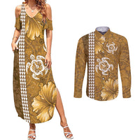 Gold Hibiscus Turle Couples Matching Summer Maxi Dress and Long Sleeve Button Shirt Hawaiian Style Tribal Tapa Pattern LT9 Gold - Polynesian Pride