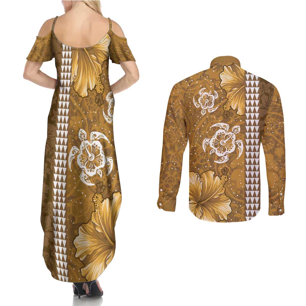 Gold Hibiscus Turle Couples Matching Summer Maxi Dress and Long Sleeve Button Shirt Hawaiian Style Tribal Tapa Pattern LT9 - Polynesian Pride