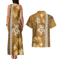 Gold Hibiscus Turle Couples Matching Tank Maxi Dress and Hawaiian Shirt Hawaiian Style Tribal Tapa Pattern LT9 - Polynesian Pride