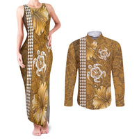 Gold Hibiscus Turle Couples Matching Tank Maxi Dress and Long Sleeve Button Shirt Hawaiian Style Tribal Tapa Pattern LT9 Gold - Polynesian Pride