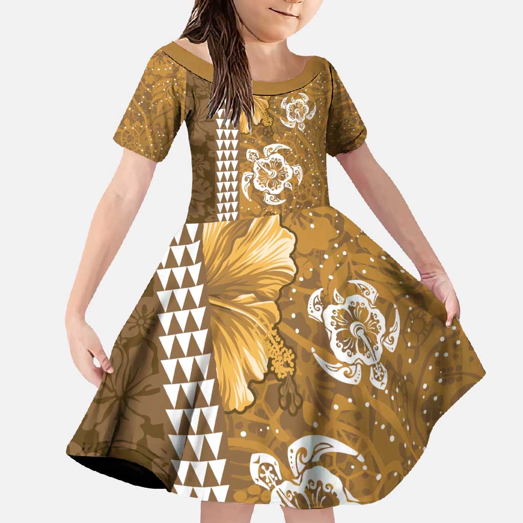 Gold Hibiscus Turle Family Matching Long Sleeve Bodycon Dress and Hawaiian Shirt Hawaiian Style Tribal Tapa Pattern LT9 Daughter's Dress Gold - Polynesian Pride