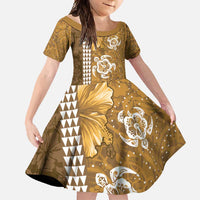 Gold Hibiscus Turle Family Matching Long Sleeve Bodycon Dress and Hawaiian Shirt Hawaiian Style Tribal Tapa Pattern LT9 Daughter's Dress Gold - Polynesian Pride