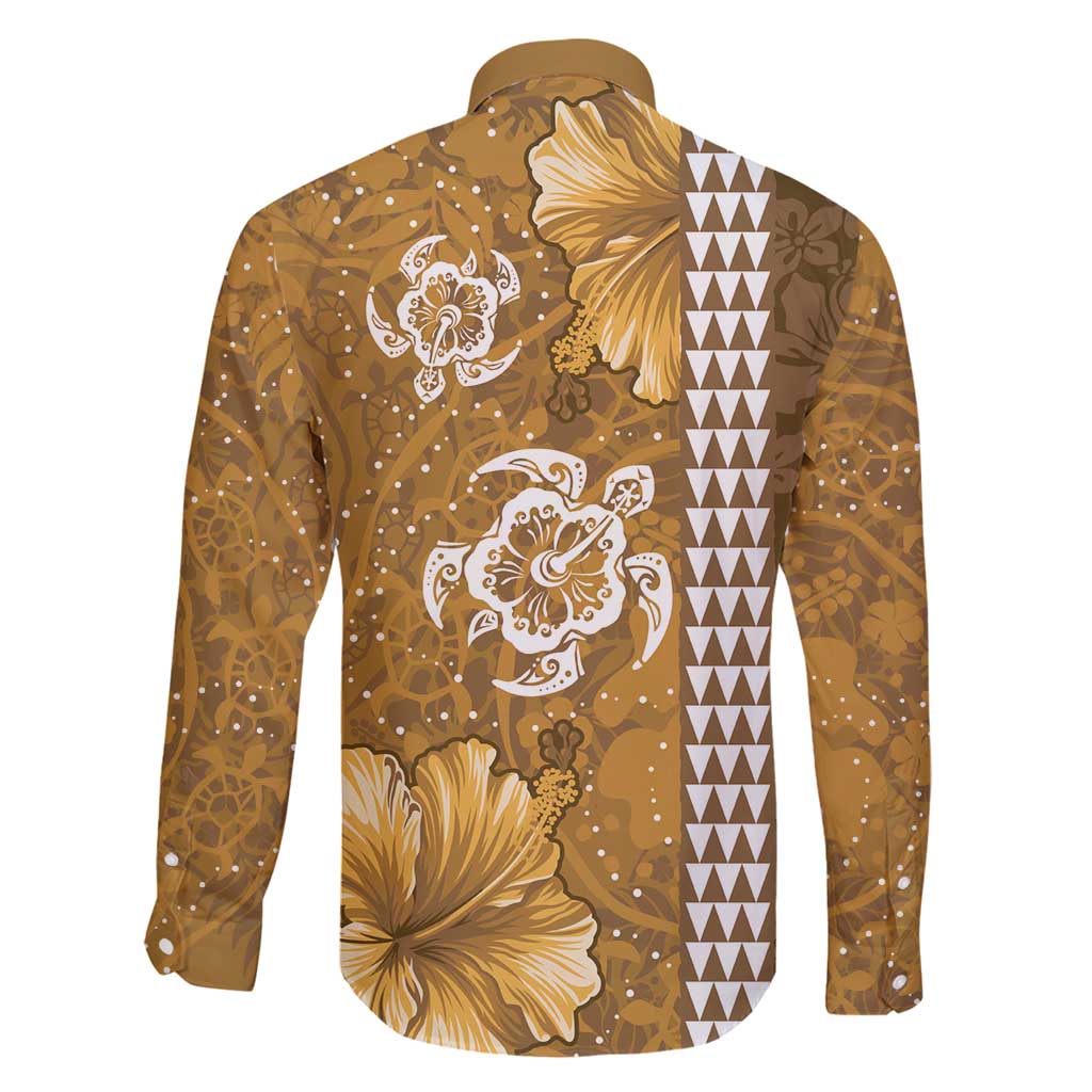 Gold Hibiscus Turle Family Matching Long Sleeve Bodycon Dress and Hawaiian Shirt Hawaiian Style Tribal Tapa Pattern LT9 - Polynesian Pride