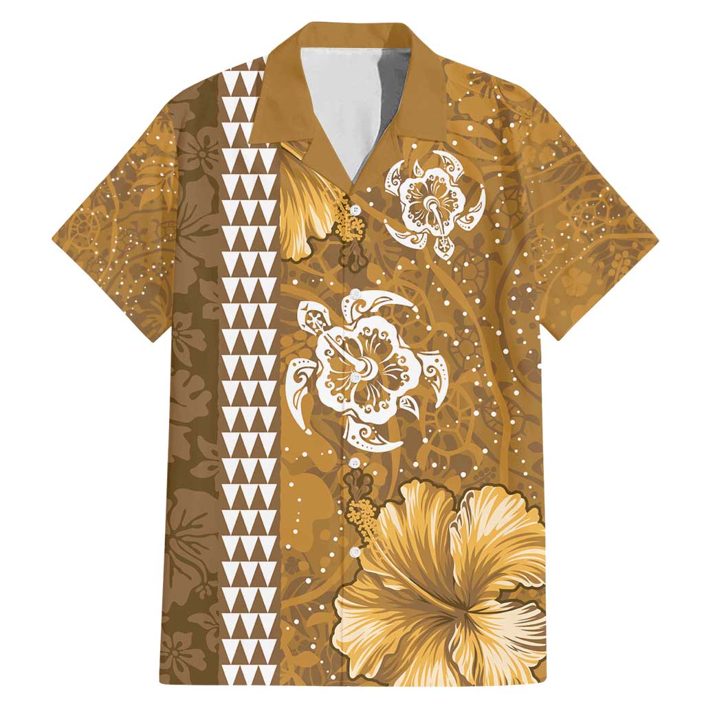 Gold Hibiscus Turle Family Matching Mermaid Dress and Hawaiian Shirt Hawaiian Style Tribal Tapa Pattern LT9 Dad's Shirt - Short Sleeve Gold - Polynesian Pride