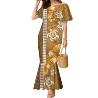 Gold Hibiscus Turle Family Matching Mermaid Dress and Hawaiian Shirt Hawaiian Style Tribal Tapa Pattern LT9 Mom's Dress Gold - Polynesian Pride