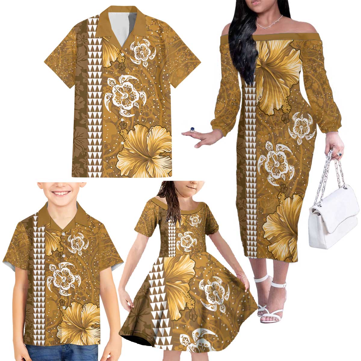 Gold Hibiscus Turle Family Matching Off The Shoulder Long Sleeve Dress and Hawaiian Shirt Hawaiian Style Tribal Tapa Pattern