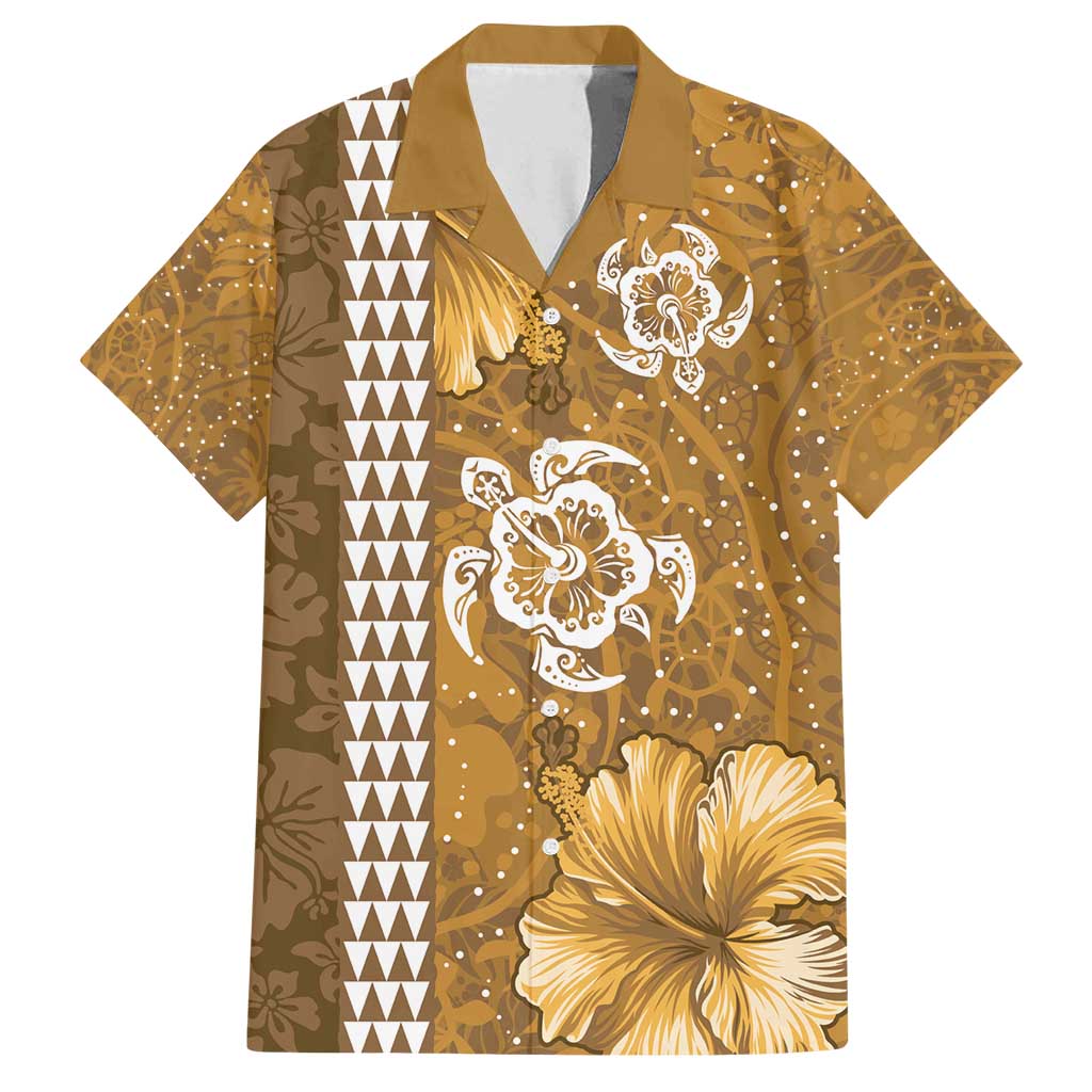 Gold Hibiscus Turle Family Matching Off Shoulder Short Dress and Hawaiian Shirt Hawaiian Style Tribal Tapa Pattern