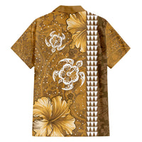 Gold Hibiscus Turle Family Matching Off Shoulder Short Dress and Hawaiian Shirt Hawaiian Style Tribal Tapa Pattern