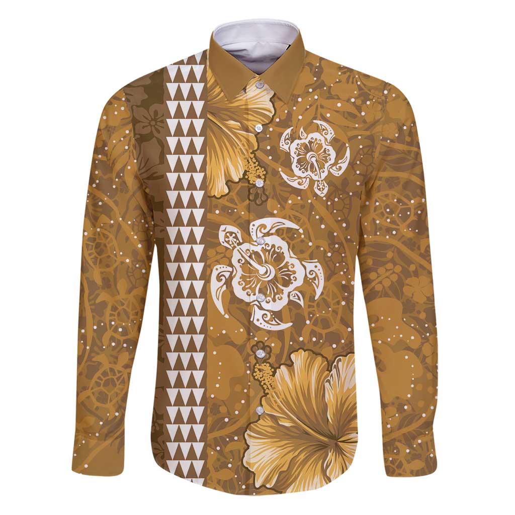 Gold Hibiscus Turle Family Matching Puletasi and Hawaiian Shirt Hawaiian Style Tribal Tapa Pattern LT9 Dad's Shirt - Long Sleeve Gold - Polynesian Pride