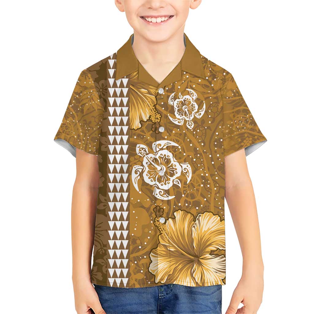 Gold Hibiscus Turle Family Matching Short Sleeve Bodycon Dress and Hawaiian Shirt Hawaiian Style Tribal Tapa Pattern LT9 Son's Shirt Gold - Polynesian Pride